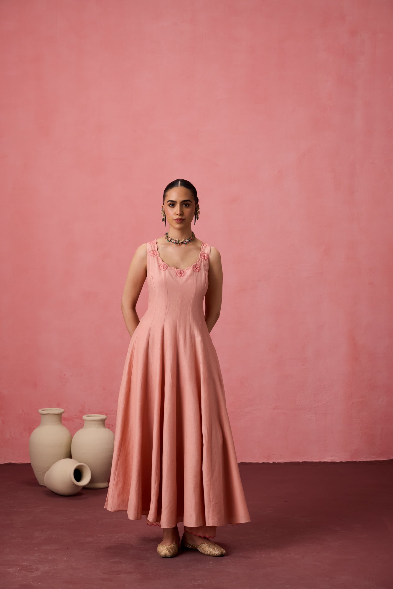 Peach cotton silk resham embroidered anarkali with pant & organza dupatta