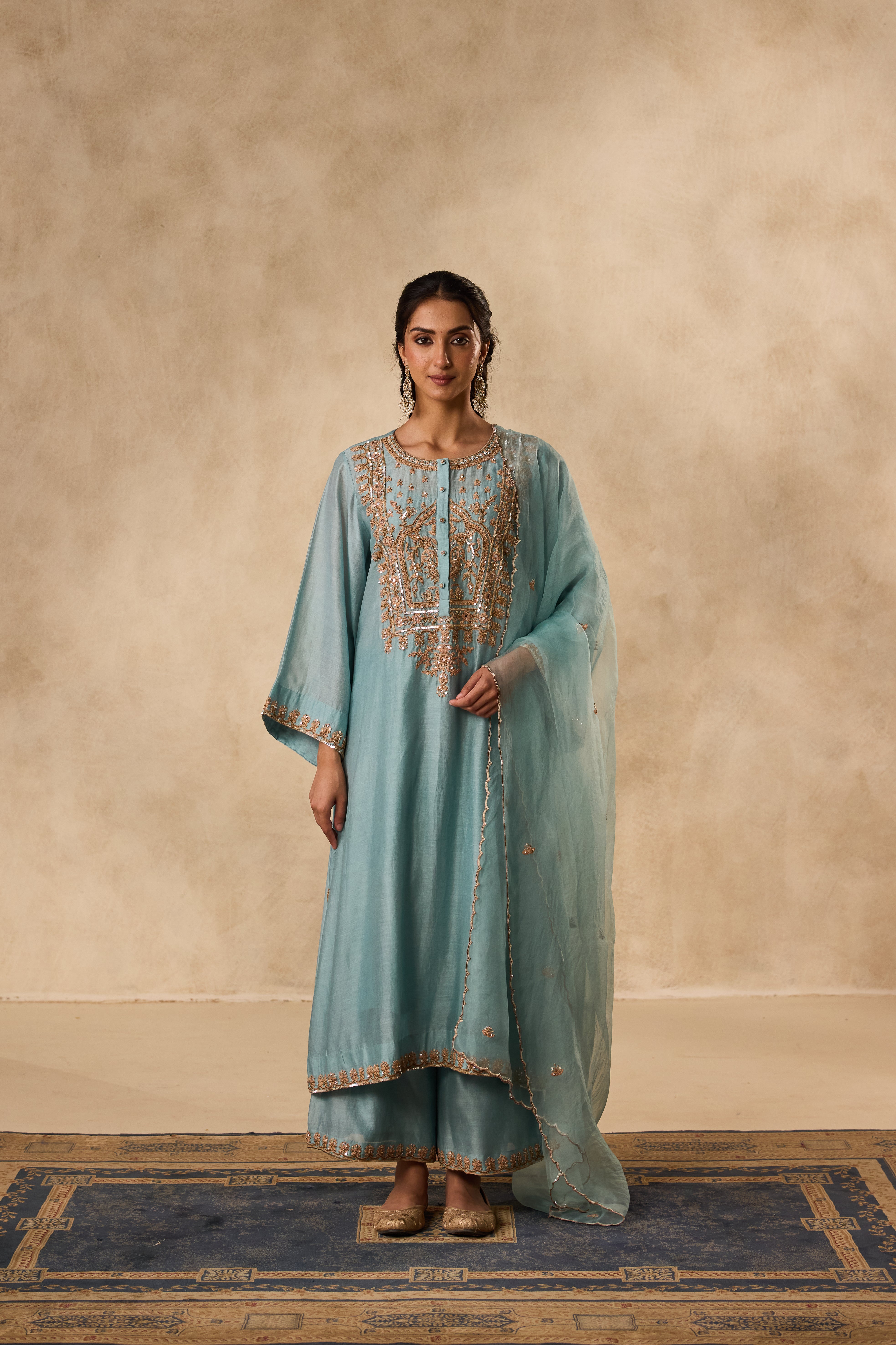 SKY BLUE A-LINE DORI & RESHAM EMBROIDERED CHANDERI KURTA WITH ORGANIC COTTON SLIP, MATCHING PANT & ORGANZA DUPATTA