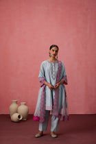 Sky blue chanderi dori work  floral and french knot embroidered kurta paired with pant & organza dupatta