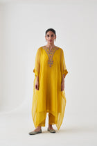 Yellow Organza Multicoloured Embroidered Kaftan Paired with Cotton Slip and Silk Pant (03 Pcs.)