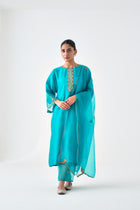 Turquoise Dupion Silk Embroidered Kurta Paired with Silk Pant & Organza Dupatta (03 Pcs.)