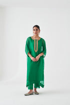 Green Organza Embroidered Kaftan, Silk Slip & Silk Pant (03 pcs.)