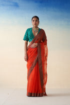 Rust jaal embroidered saree in organza