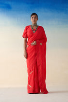 Red silk embroidered motifs saree