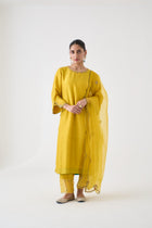 Yellow Silk Dupion Embroidered Kurta, Silk Pant & Organza Dupatta (03 Pcs.)