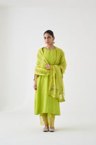 Lime Green Dupion Silk Embroidered Kurta Paired with Silk Pant & Organza Dupatta (03 Pcs.)