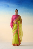 Lime green organza embroidered saree