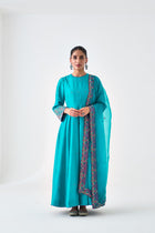 Turquoise Cotton Silk Embroidered Anarkali with Pant & Organza Dupatta (03 Pcs.)