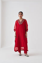 Maroon Organza Embroidered Kaftan Paired with Cotton Silk Slip & Cotton Silk Pant (03 pcs.)