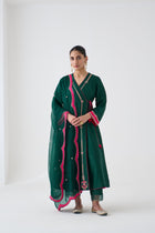 Dark Green Embroidered Angrakha with Silk Pant & Organza Dupatta (03 PCS.)