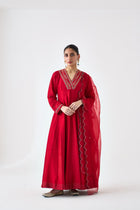 Maroon Dupion Silk Embroidered V Neck Anarkali paired with pant & organza dupatta (03 PCS.)