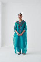Turquoise Organza Multicoloured Embroidered Kaftan with Cotton Silk Slip and Pant (03 Pcs.)