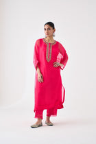 Fuchsia Organza Embroidered Kaftan Paired with Silk Slip and Silk Pant (03 Pcs.)