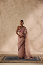 Rose gold organza heavy cutwork border embroidered saree comes with unstitched & unembroidered blouse fabric in chanderi