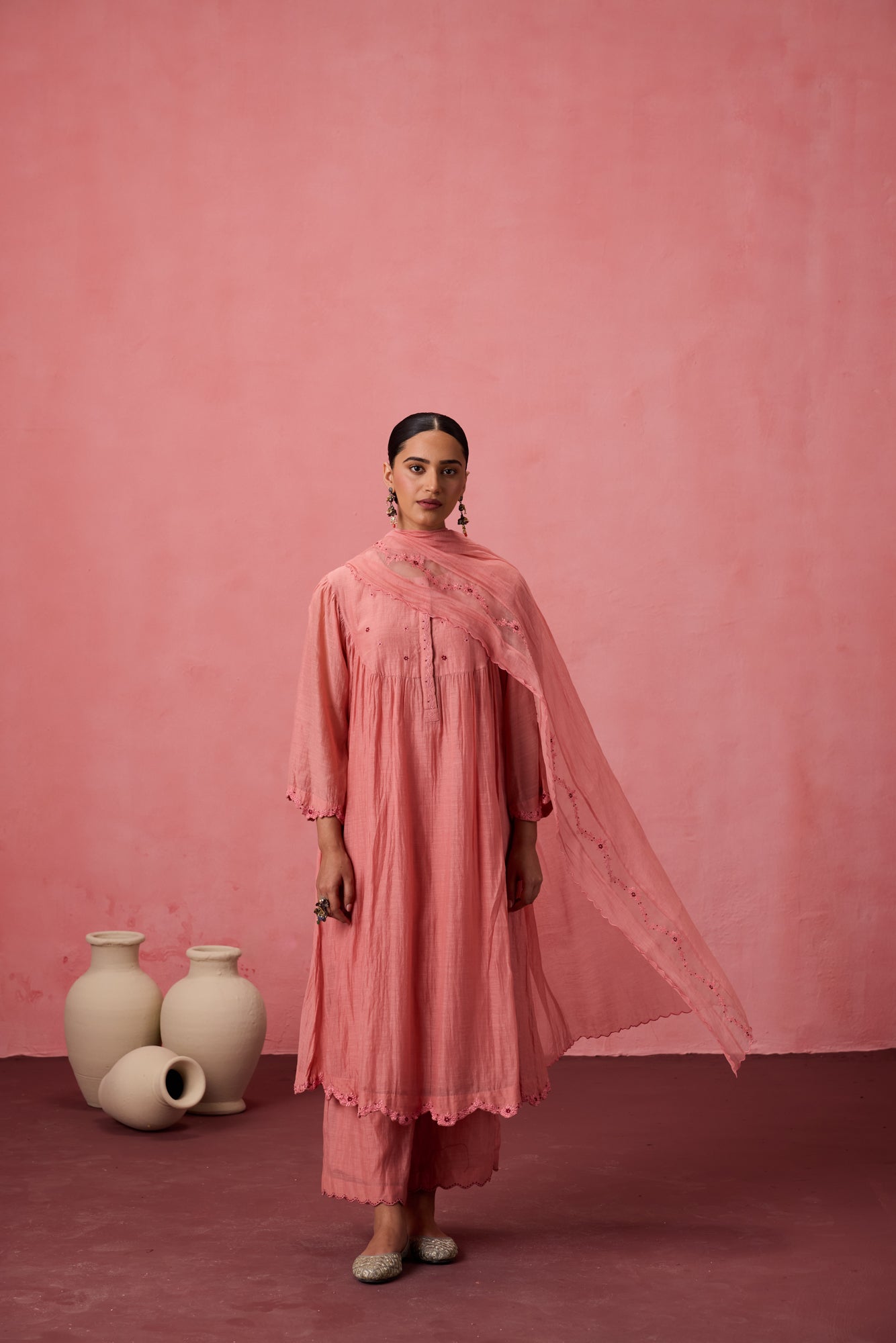 Peach chanderi resham  embroidered kurta paired with organic cotton slip, pant & organza dupatta
