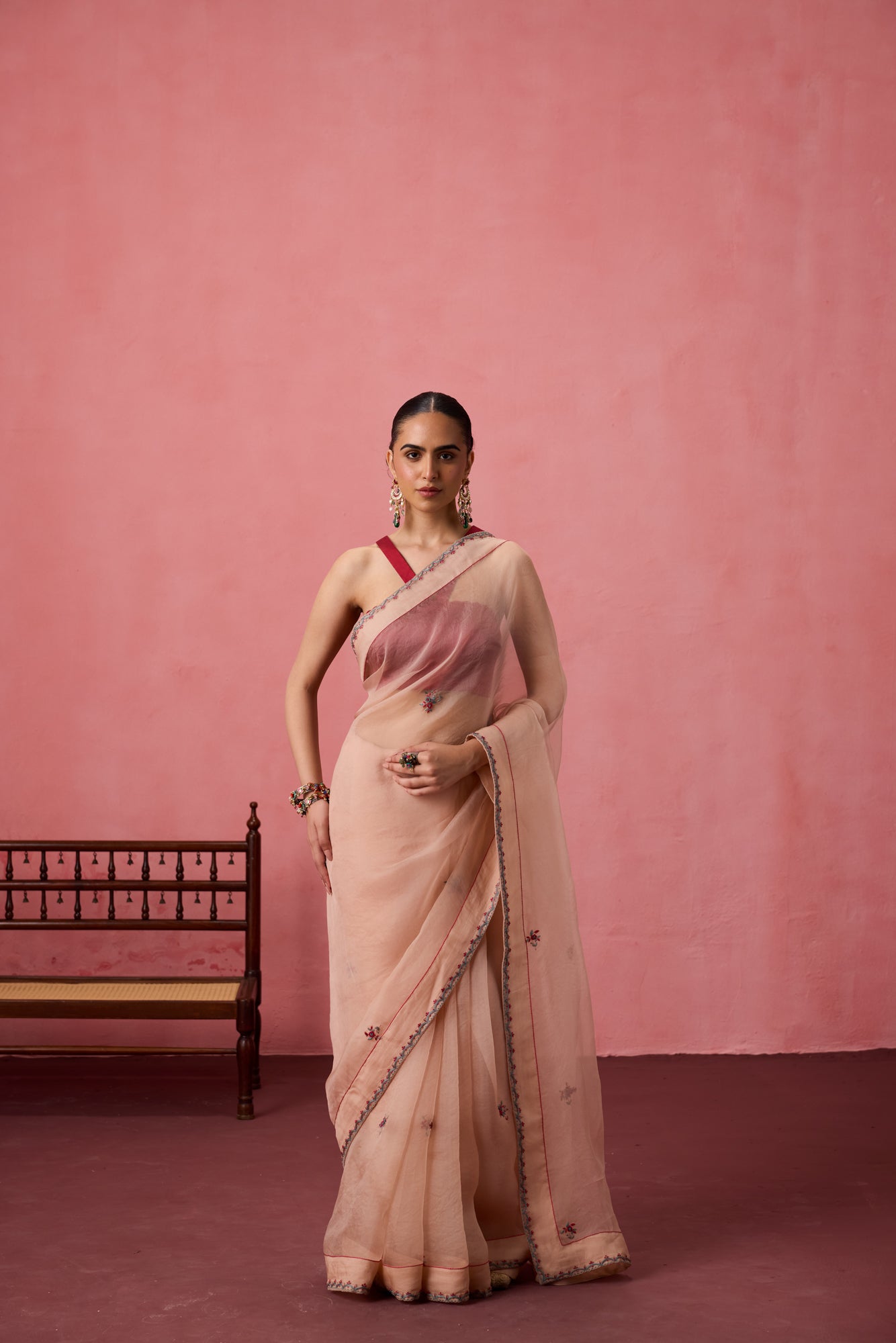 Cozy Peach organza buti embroidered saree comes with unstitched & unembroidered blouse fabric in chanderi