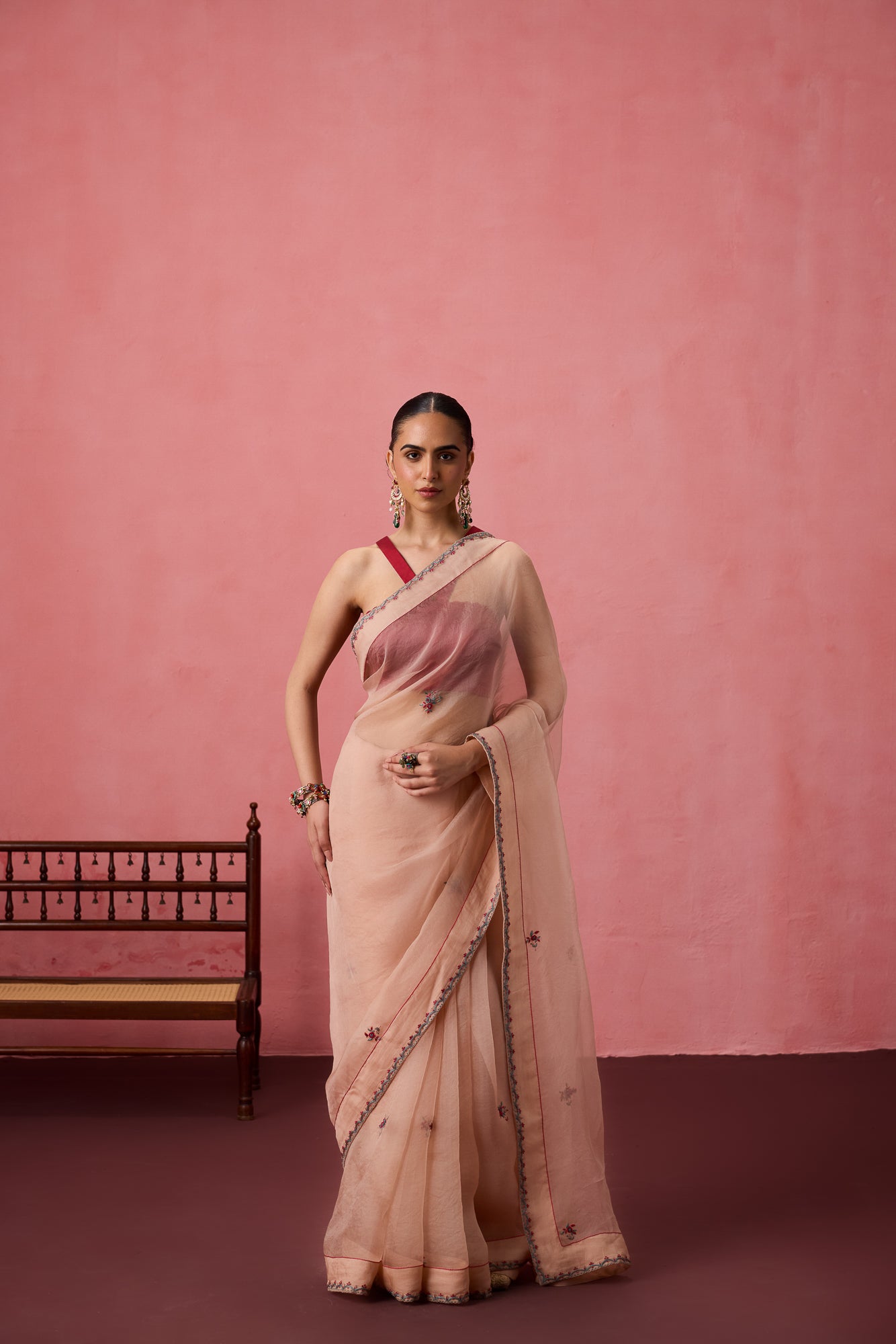 Cozy Peach organza buti embroidered saree comes with unstitched & unembroidered blouse fabric in chanderi