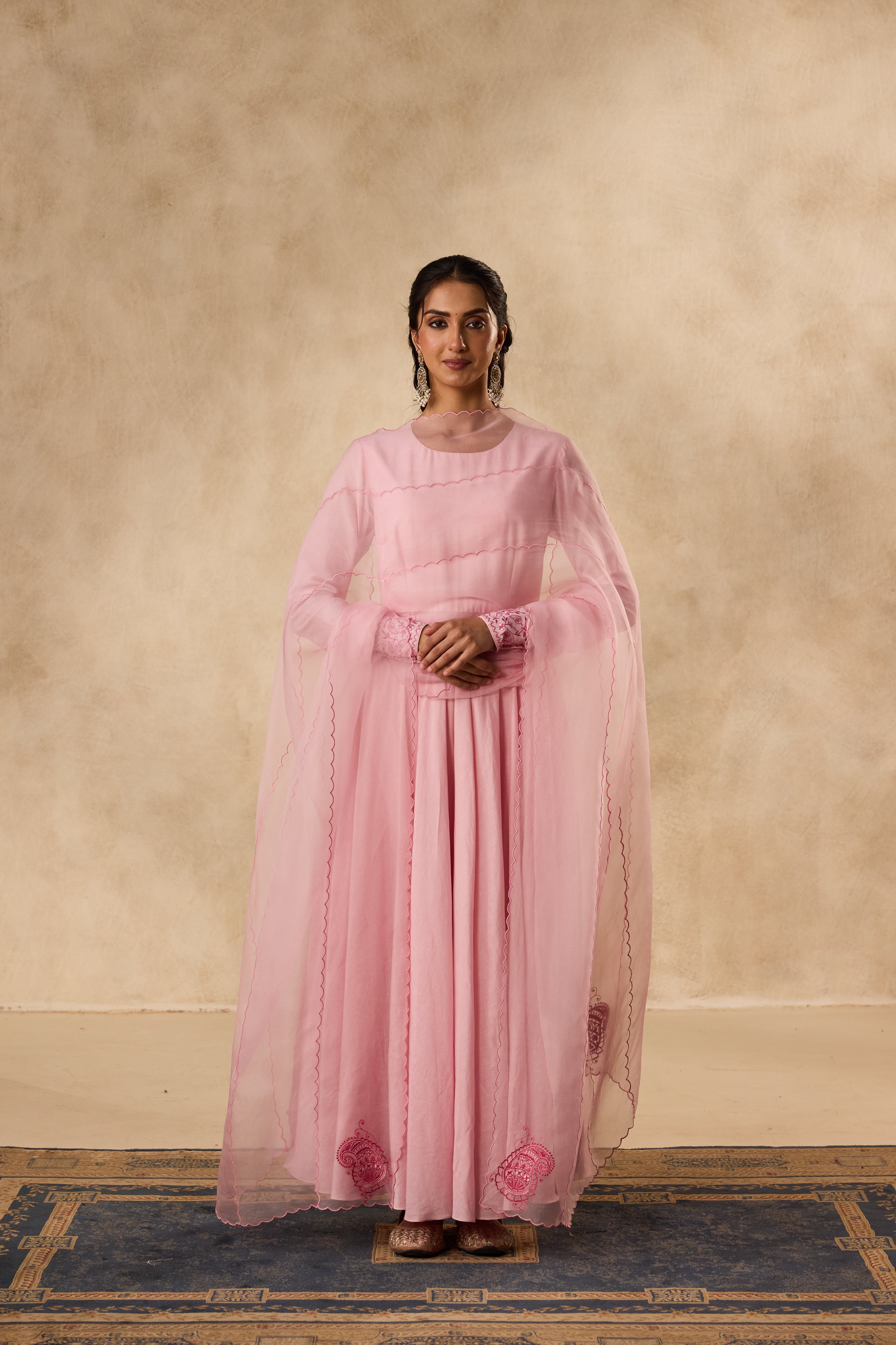 PINK COTTON SILK EMBROIDERED ANARKALI PAIRED WITH PANT & ORGANZA DUPATTA