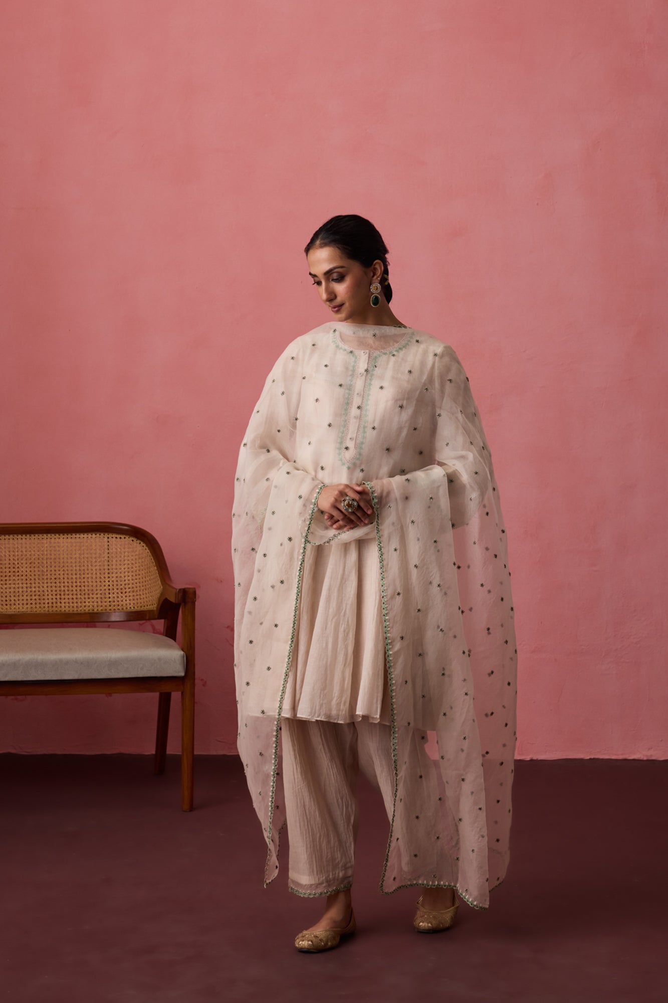 Ivory chanderi dori-Cross stitch embroidered anarkali with matching pants & organza dupatta
