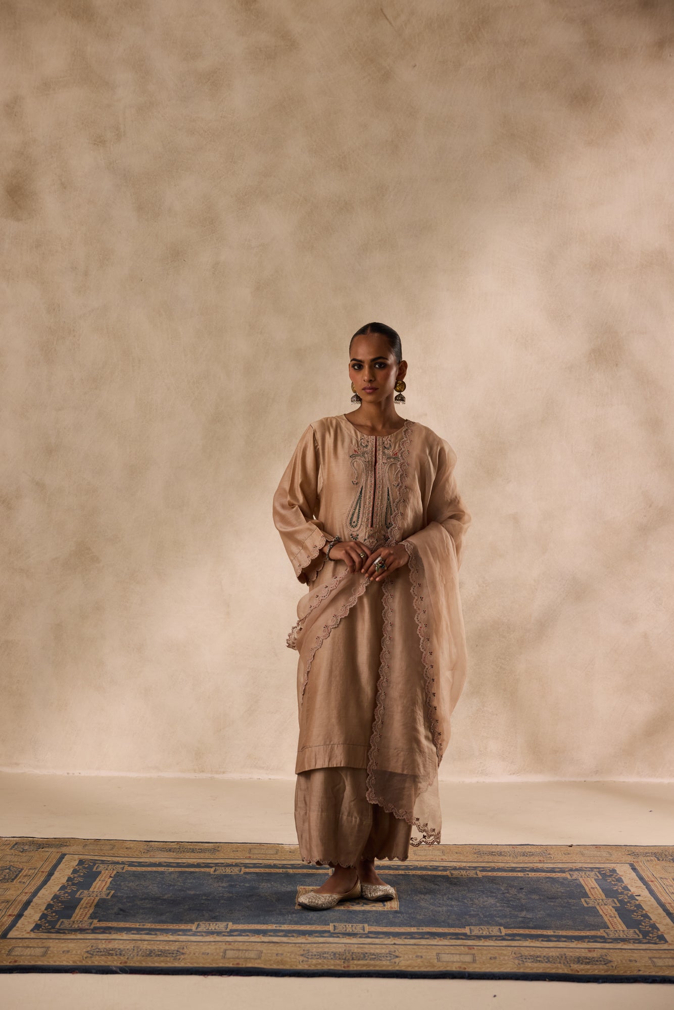 Champagne chanderi dori work  embroidered kurta paired with organic cotton slip, pant & organza dupatta
