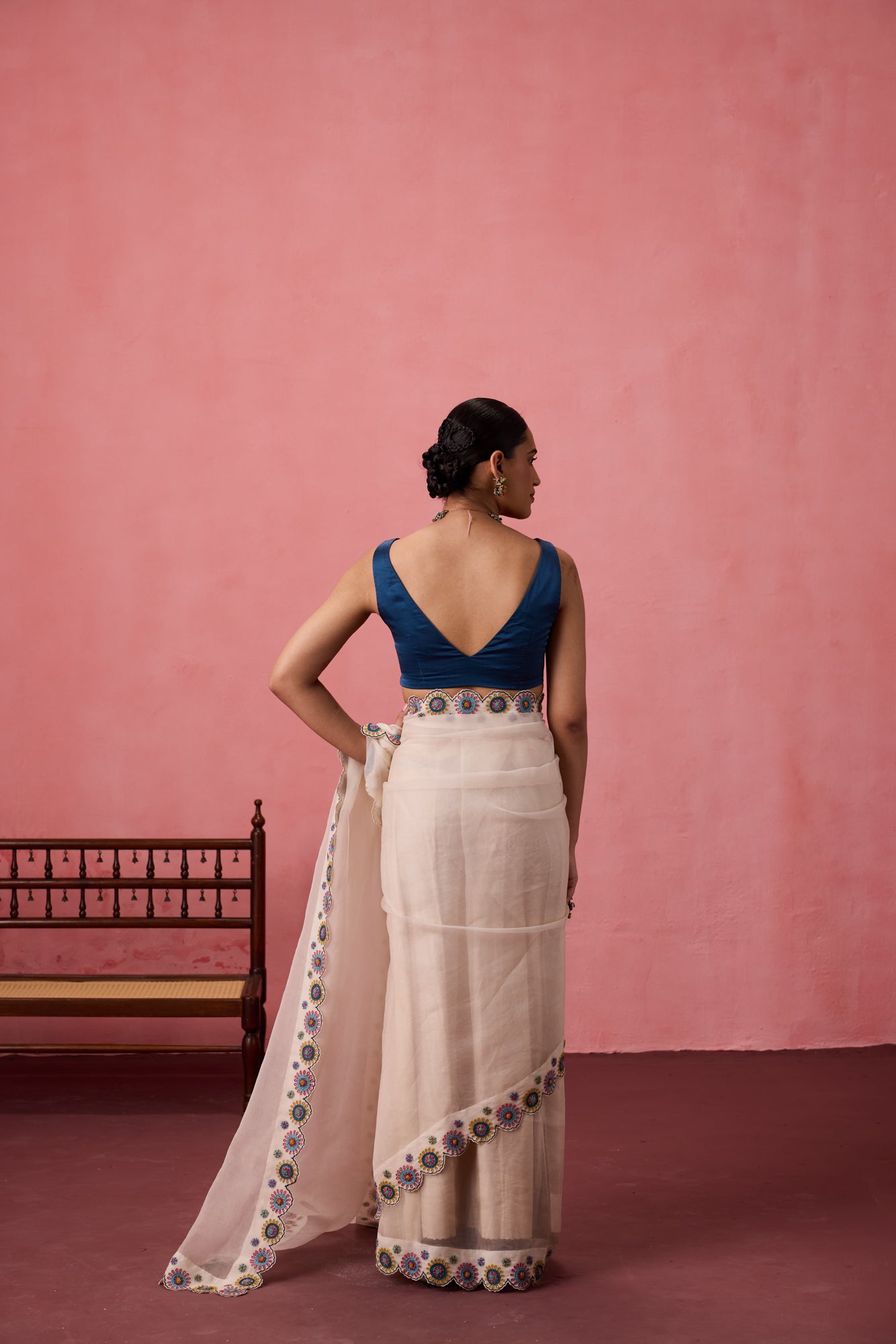 Blue satin silk stitched blouse
