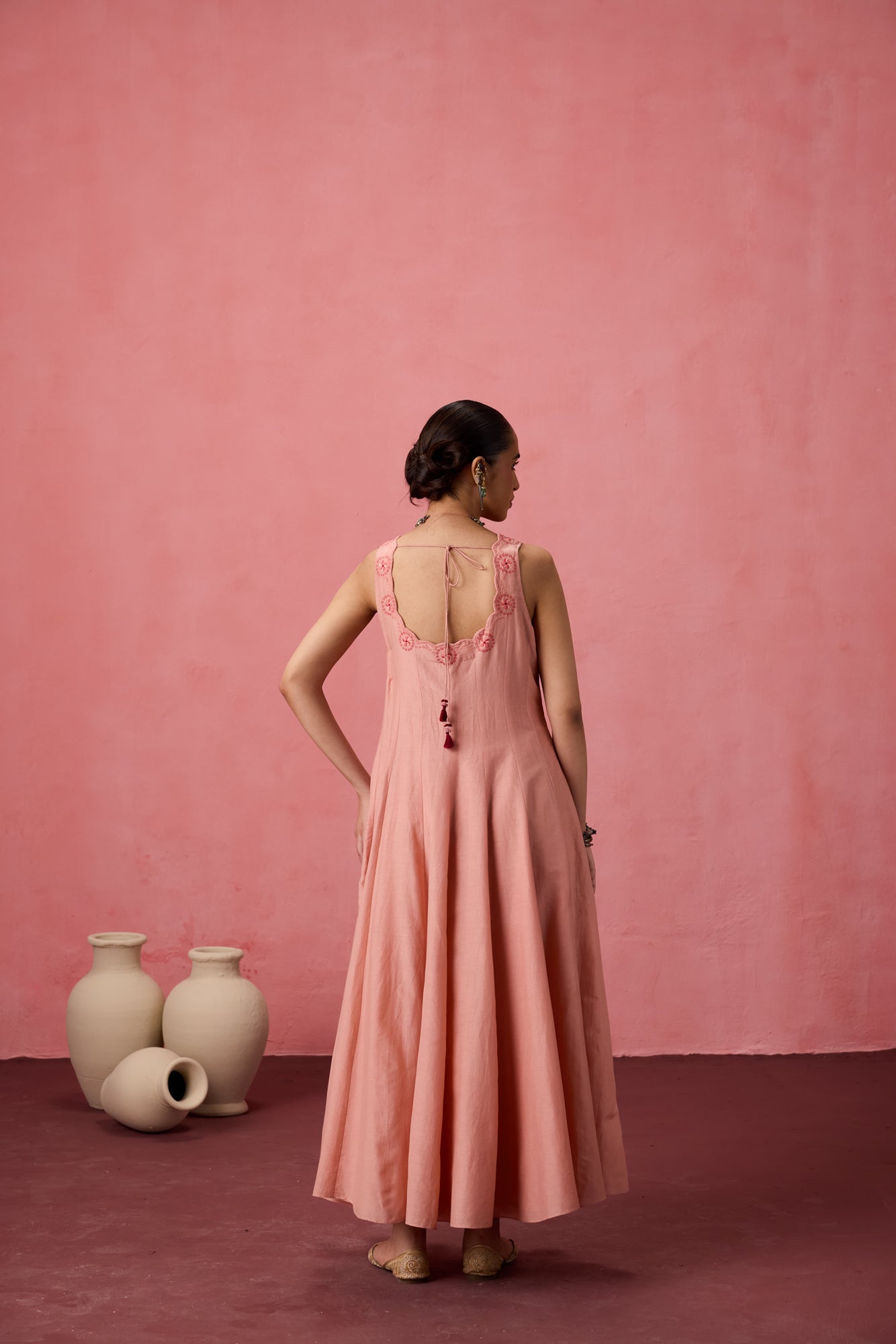 Peach cotton silk resham embroidered anarkali with pant & organza dupatta