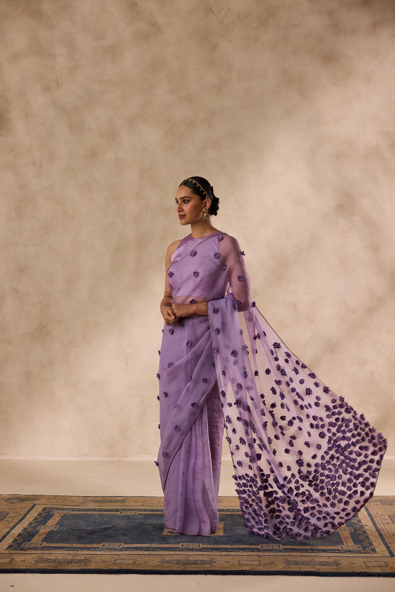 Lilac organza satin flower and beads embroidered saree comes with unstitched & unembroidered blouse fabric in chanderi