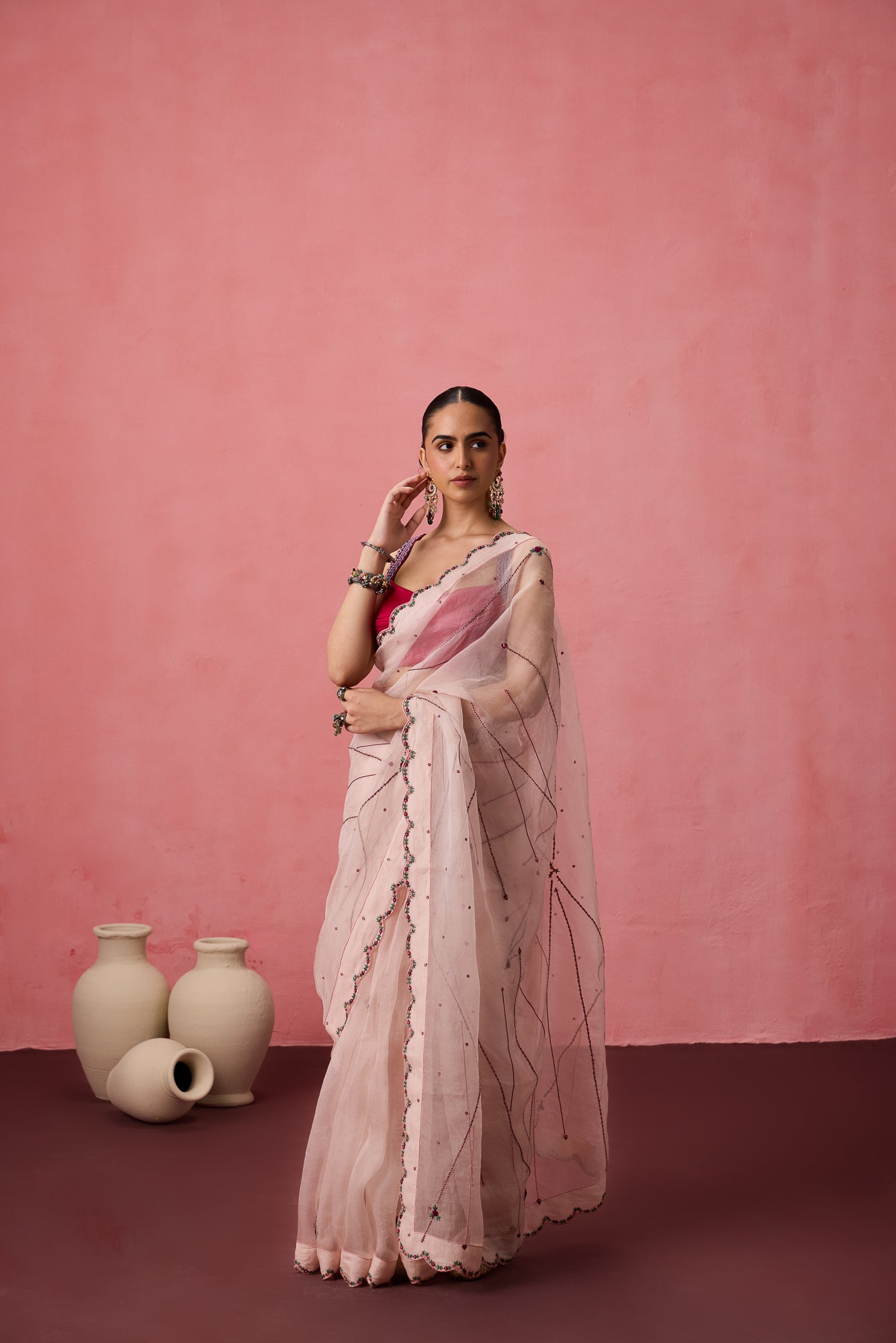 Cozy pink organza bullion & kaatha work embroidered saree comes with unstitched & unembroidered blouse fabric in chanderi