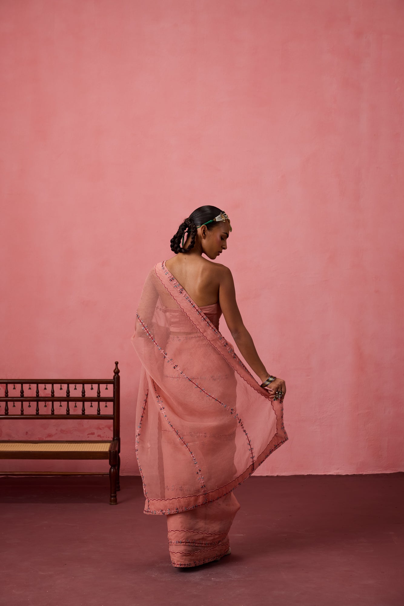 Peach organza embroidered saree comes with unstitched & unembroidered blouse fabric in chanderi