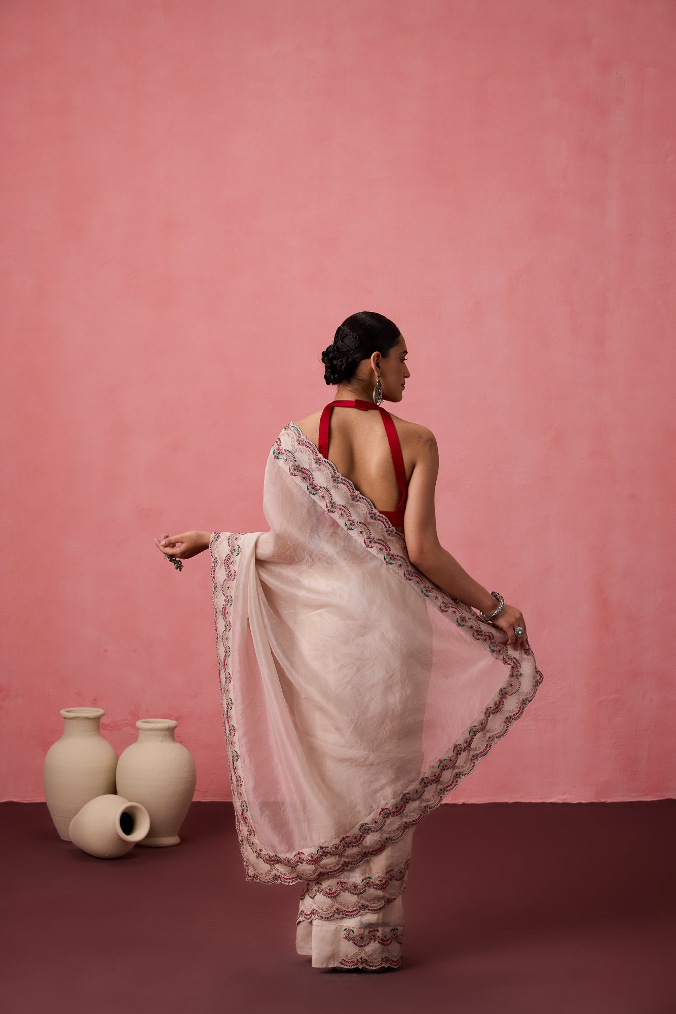 Classic white organza jaal embroidered saree comes with unstitched & unembroidered blouse fabric in chanderi