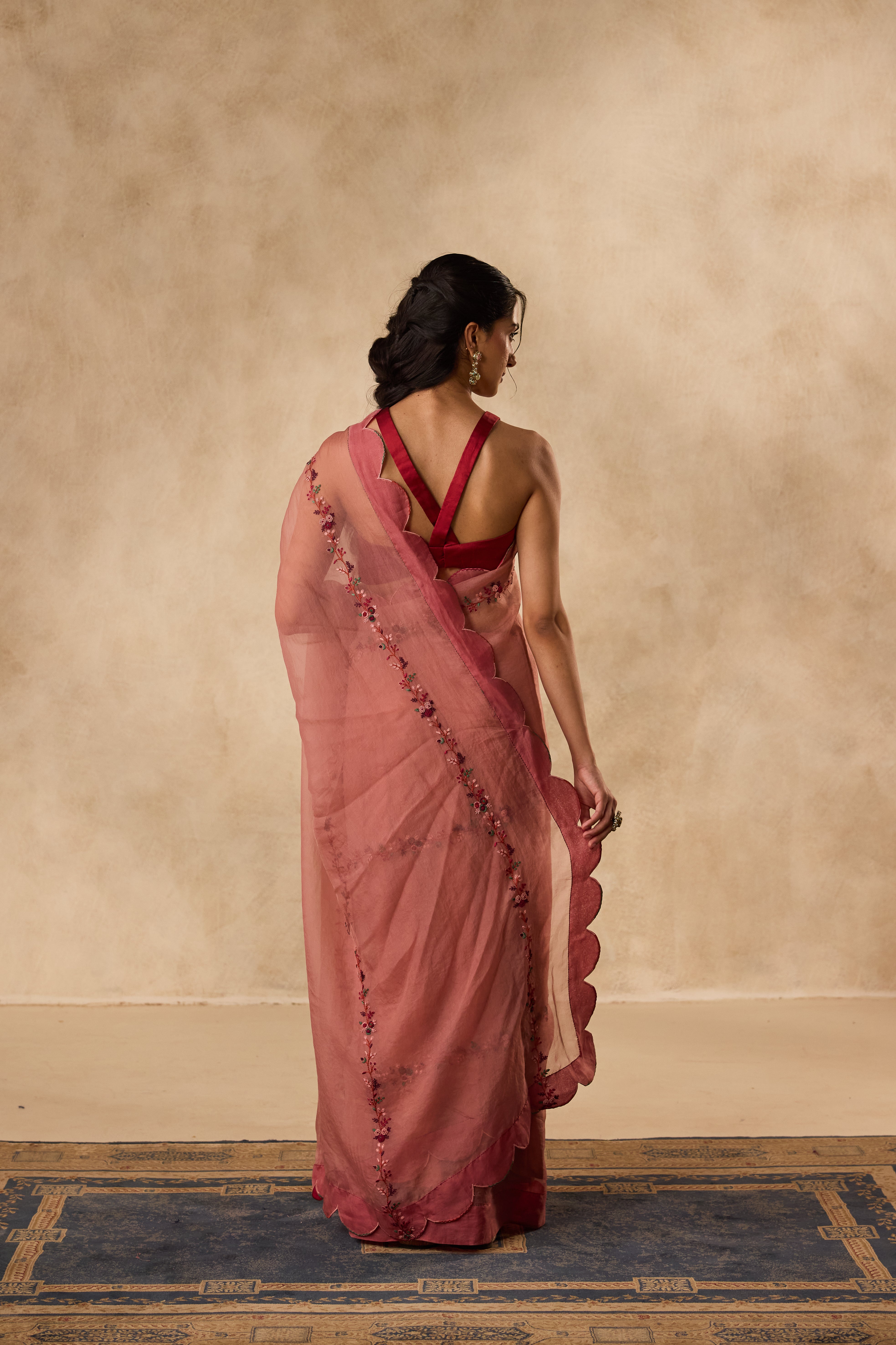 PEACH ORGANZA SPRING FLOWER, EMBROIDERED & SCALLOP SAREE paired WITH UNSTITCHED CHANDERI BLOUSE FABRIC