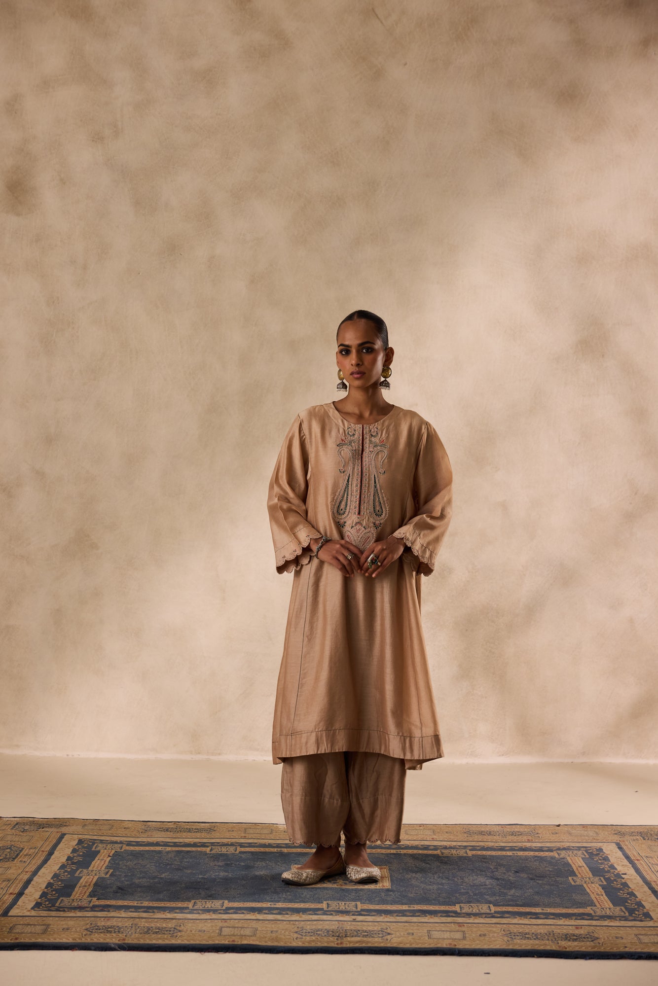 Champagne chanderi dori work  embroidered kurta paired with organic cotton slip, pant & organza dupatta