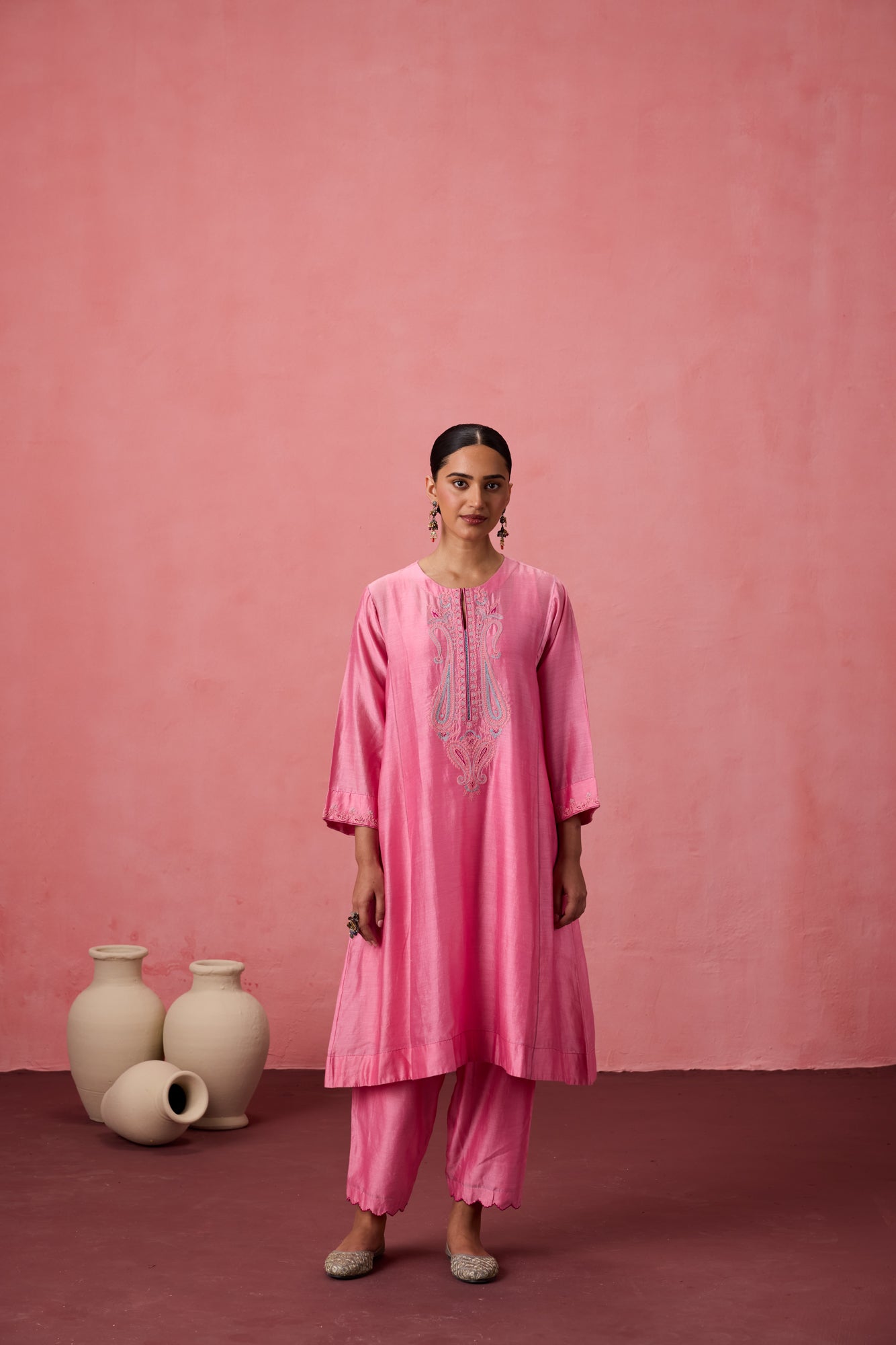 Pink chanderi dori work and resham embroidered kurta paired with organic cotton slip, pant & organza dupatta