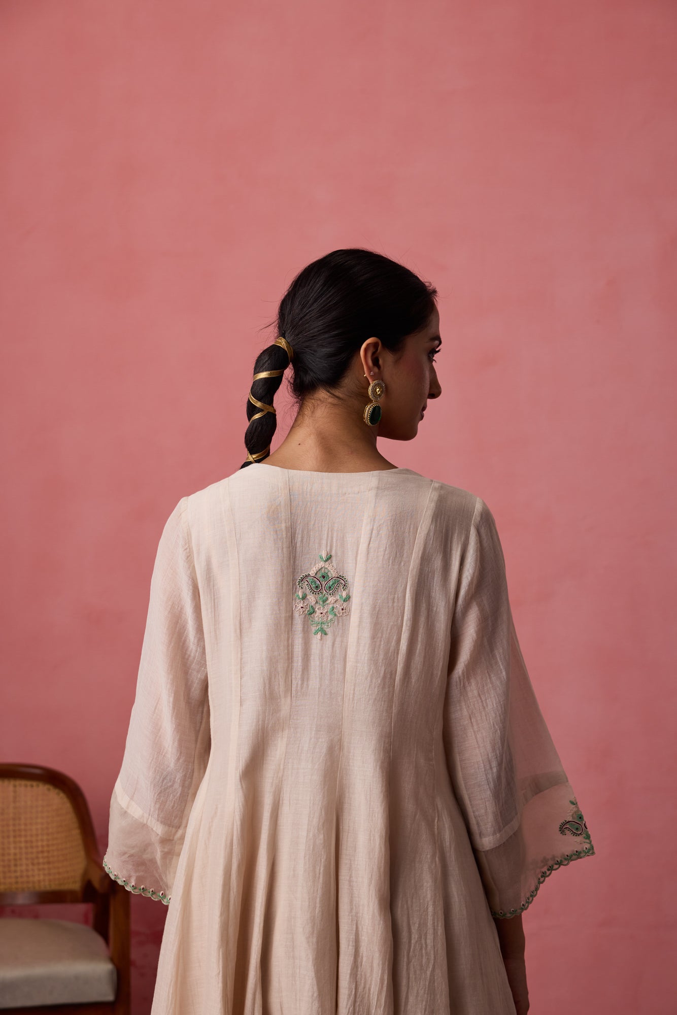 Ivory chanderi dori-Cross stitch embroidered anarkali with matching pants & organza dupatta