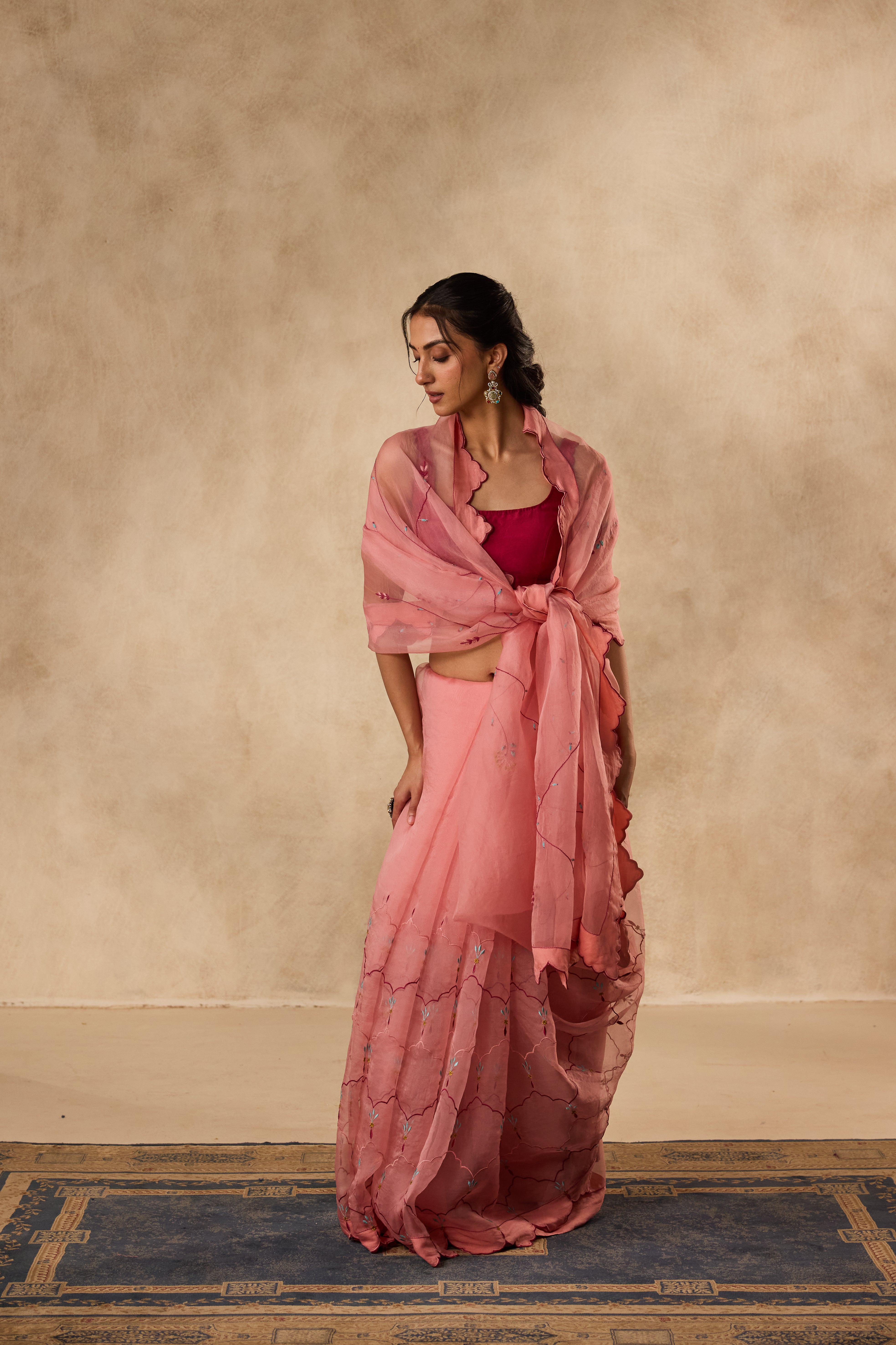PEACH ORGANZA EMBROIDERED SAREE paired WITH UNSTITCHED CHANDERI BLOUSE FABRIC