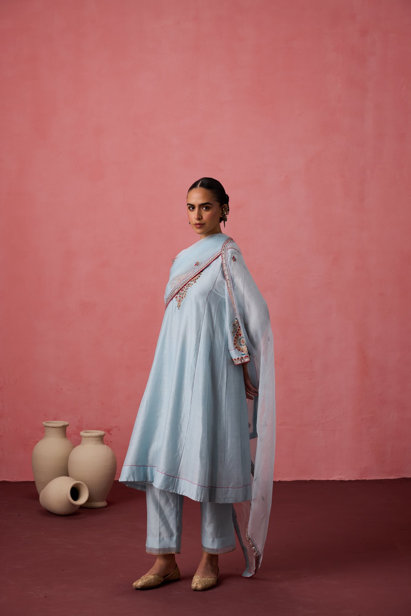 Sky blue chanderi dori work and french knot embroidered kurta paired with organic cotton slip, pant & organza dupatta