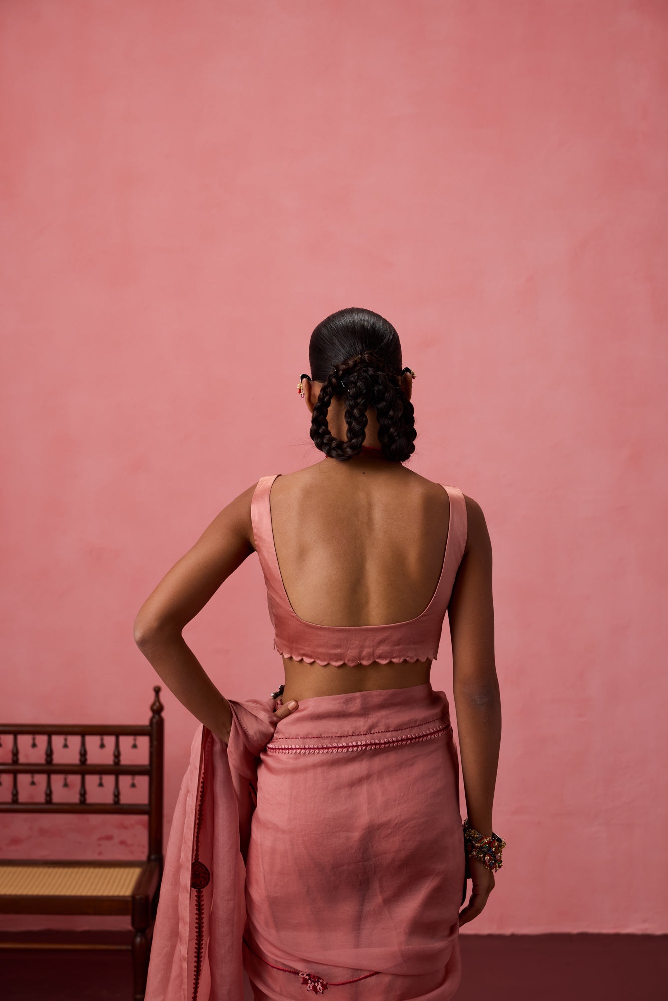 Peach satin sillk stitched blouse