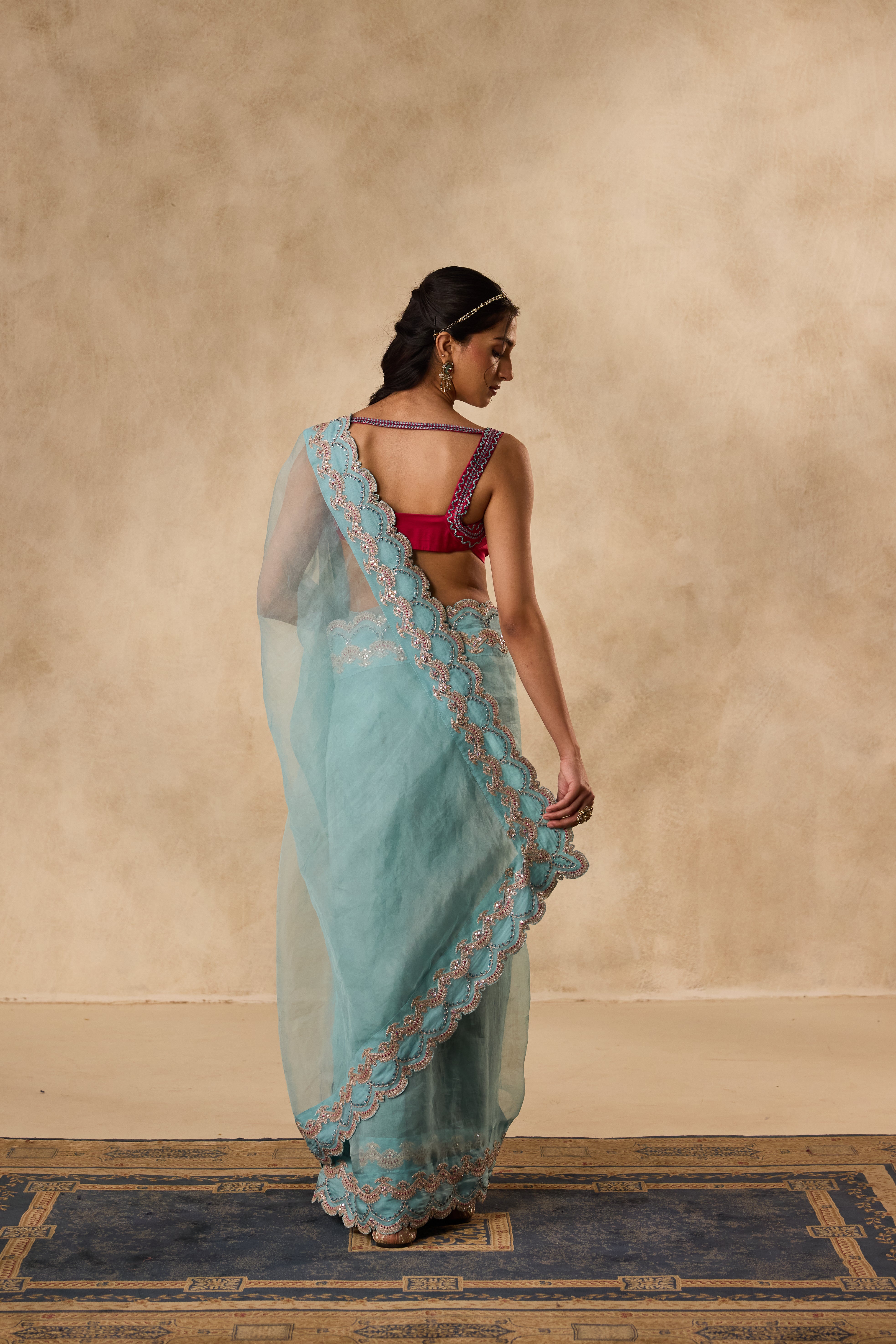 Sky blue dori & sequins embroidered border organza saree  paired with unstitched & unembroidered blouse fabric