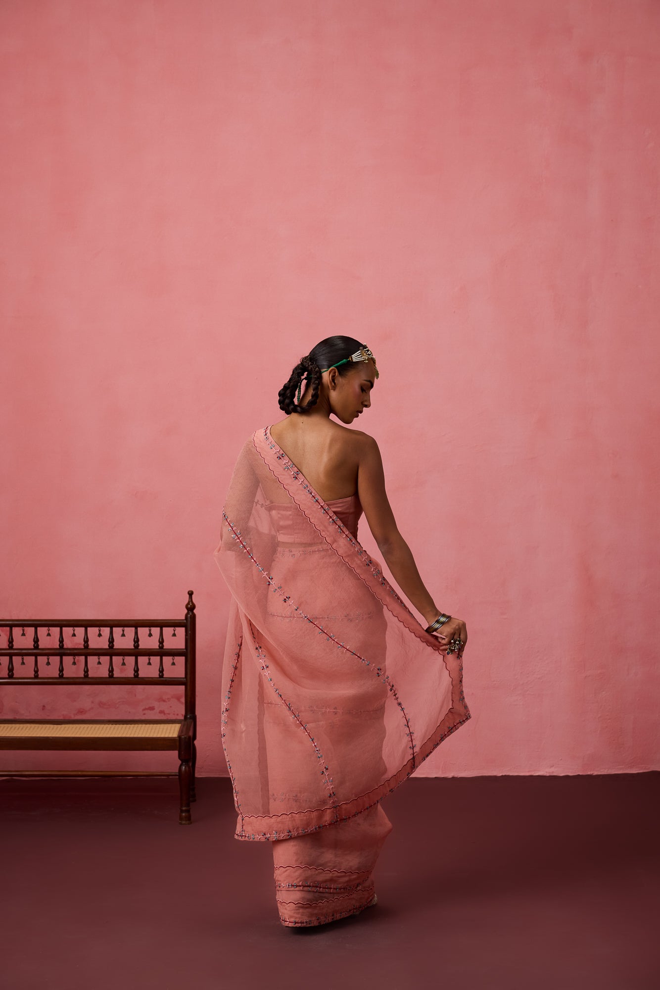 Peach organza embroidered saree comes with unstitched & unembroidered blouse fabric in chanderi