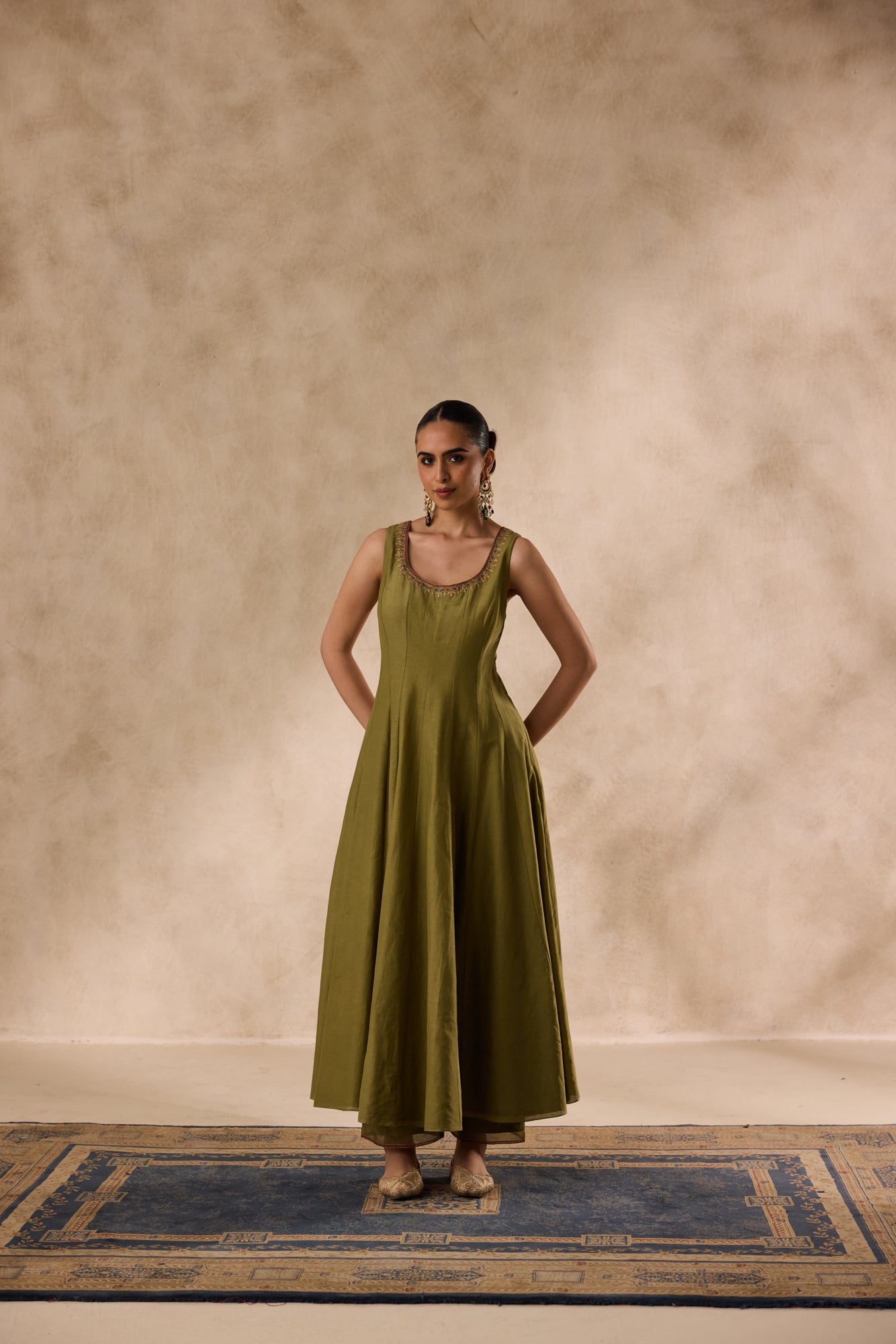 Mehendi green cotton silk  dori work and resham embroiderd anarkali paired with pant & organza heavy border dupatta