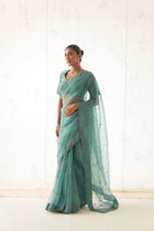 Teal Organza Saree with blouse fabric (Silk Stitched Blouse separately priced at 8000/- Rupees)