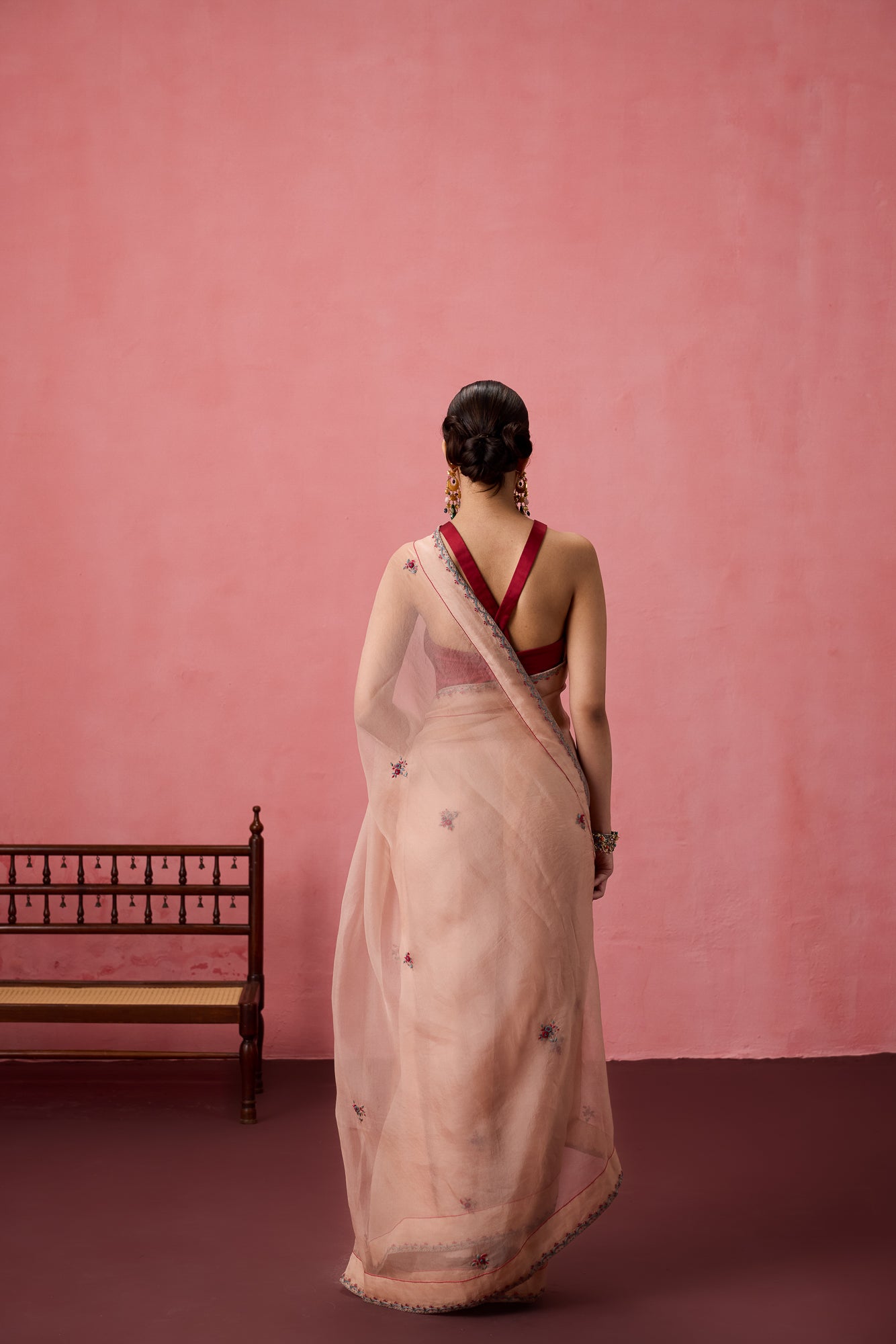 Cozy Peach organza buti embroidered saree comes with unstitched & unembroidered blouse fabric in chanderi