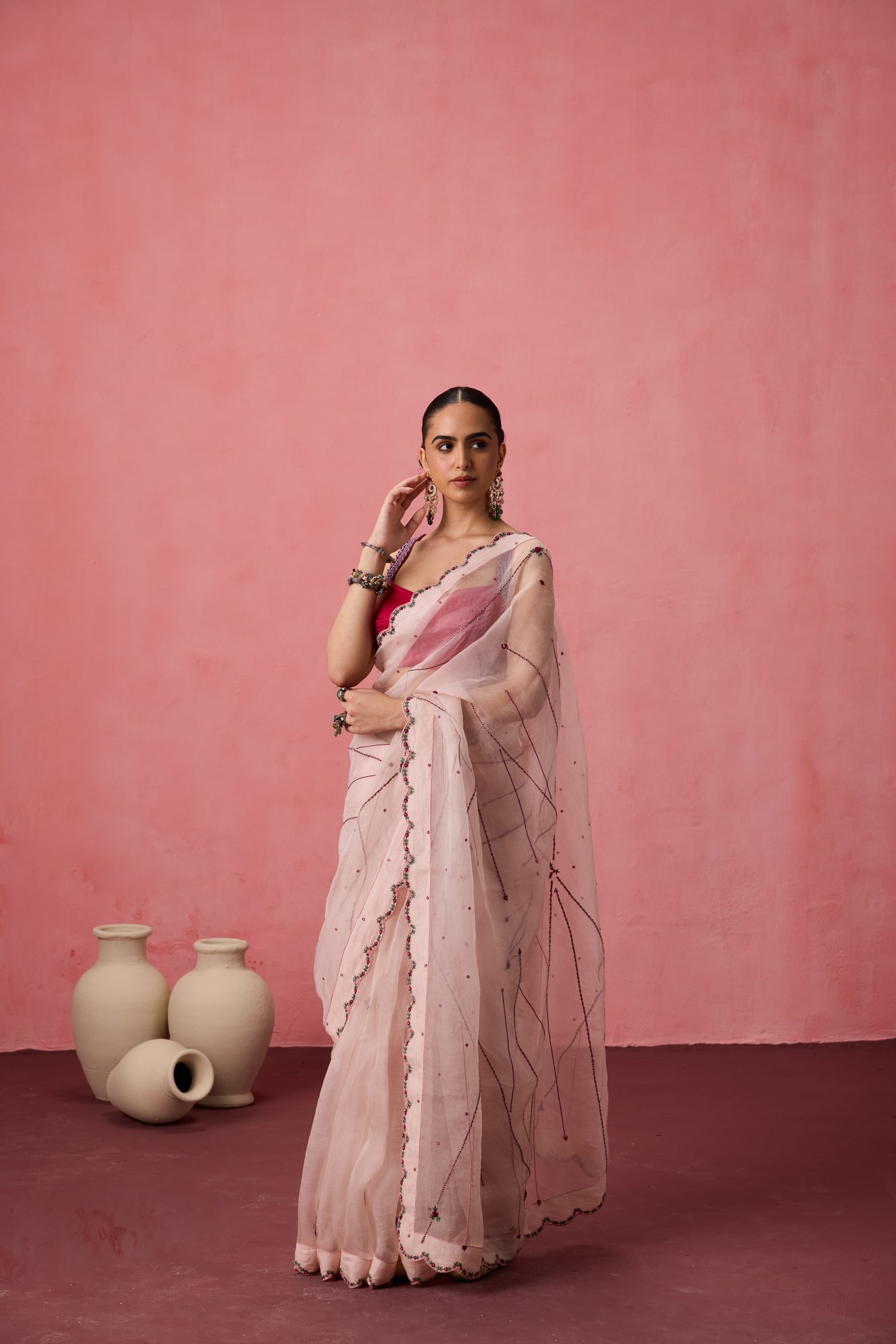 Cozy pink organza bullion & kaatha work embroidered saree comes with unstitched & unembroidered blouse fabric in chanderi