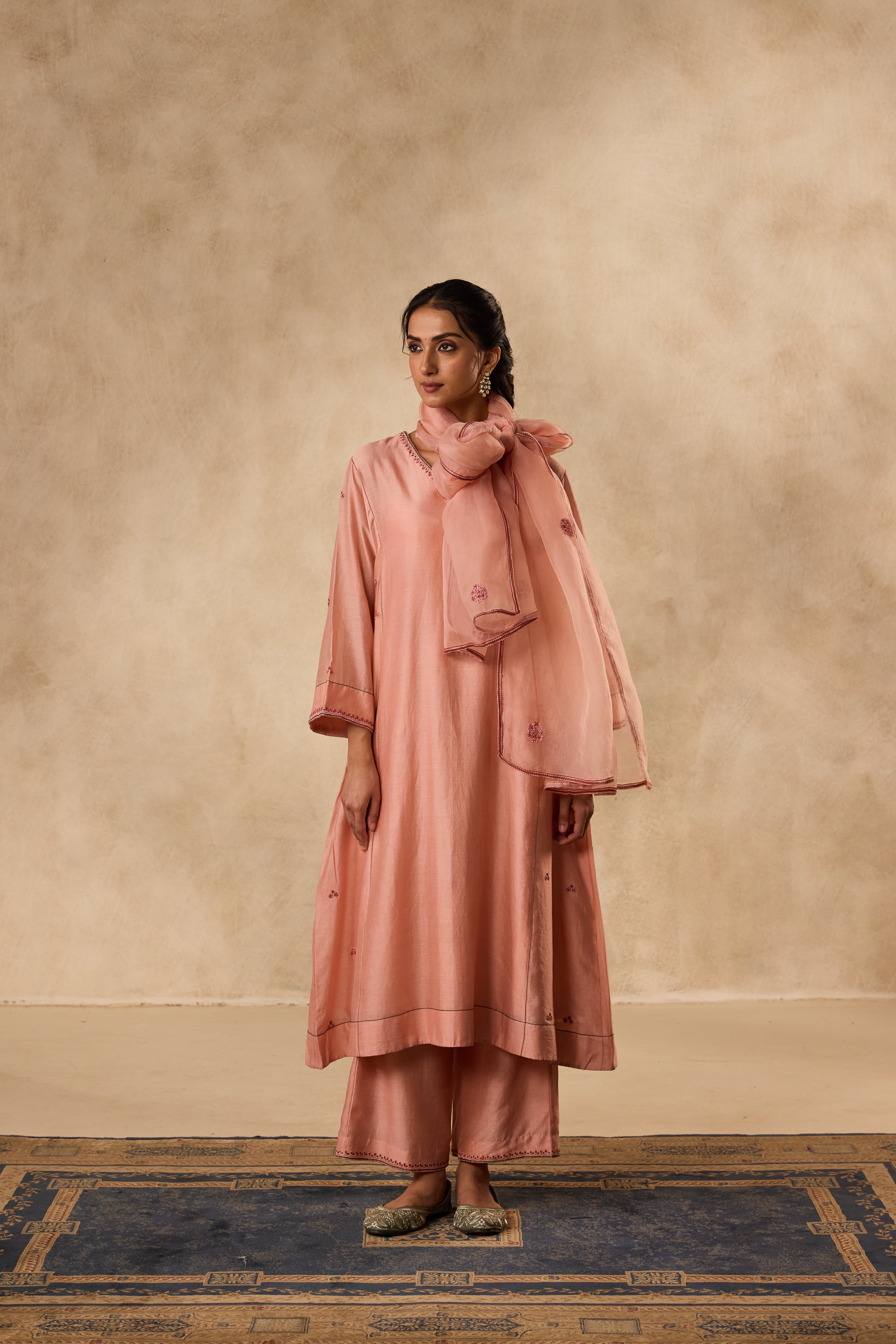 PEACH CHANDERI RESHAM & THREAD EMBROIDERED KURTA PAIRED WITH ORGANIC COTTON SLIP & MATCHING PANT & ORGANZA DUPATTA