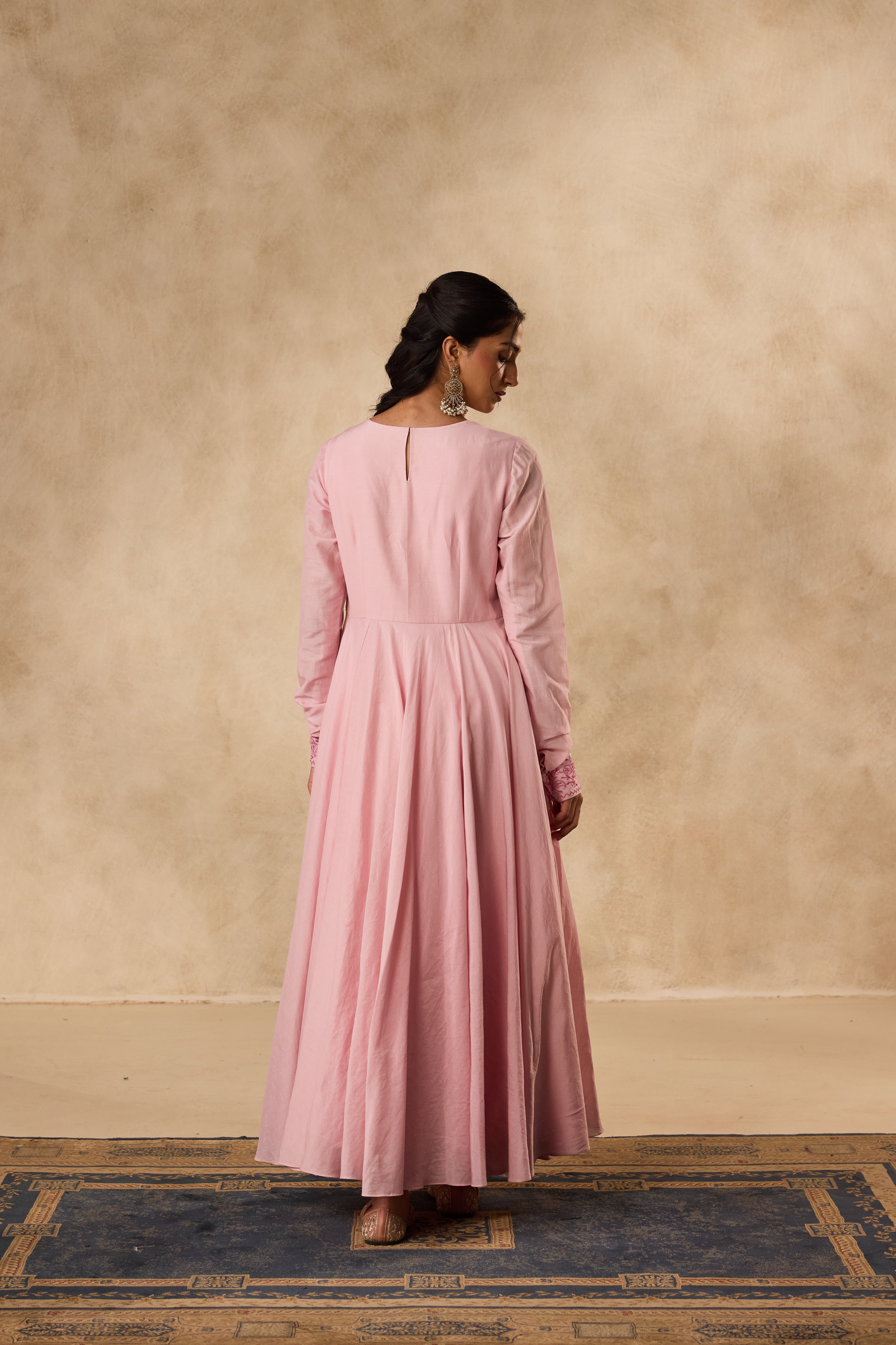 PINK COTTON SILK EMBROIDERED ANARKALI PAIRED WITH PANT & ORGANZA DUPATTA