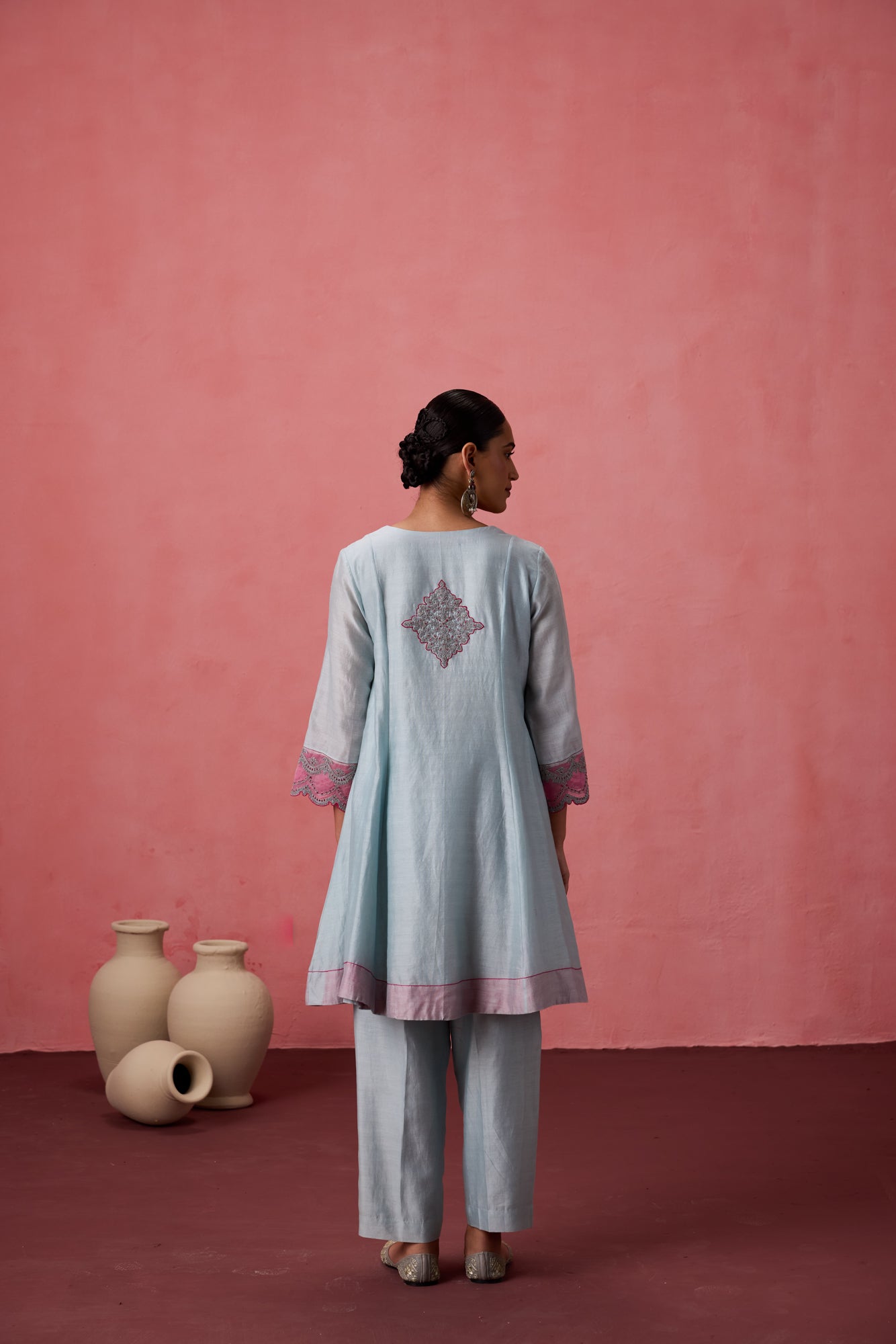 Sky blue chanderi dori work  floral and french knot embroidered kurta paired with pant & organza dupatta