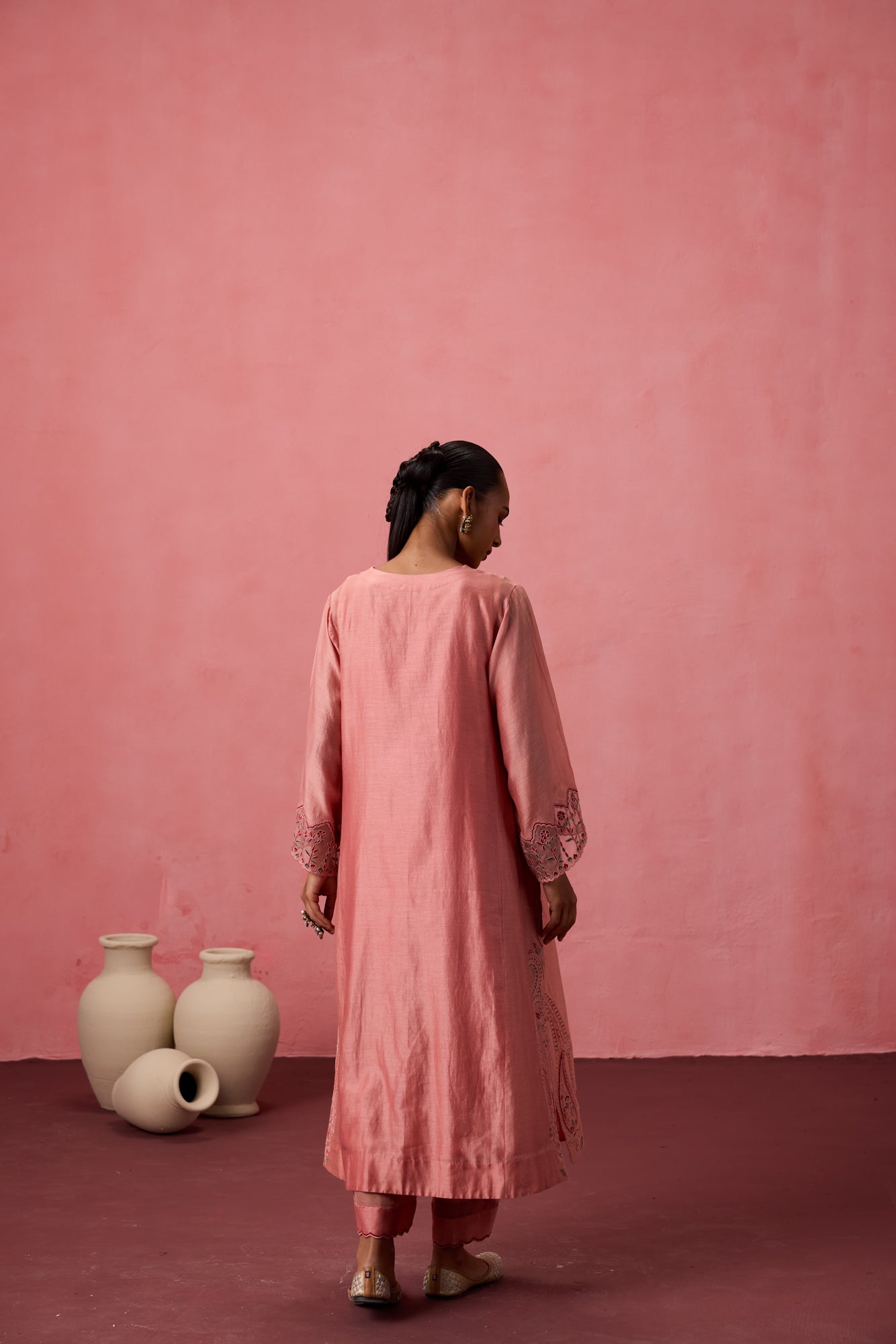 Peach chanderi embroidered kurta with embellished border on sleeves paired with an organic cotton slip pant & organza dupatta