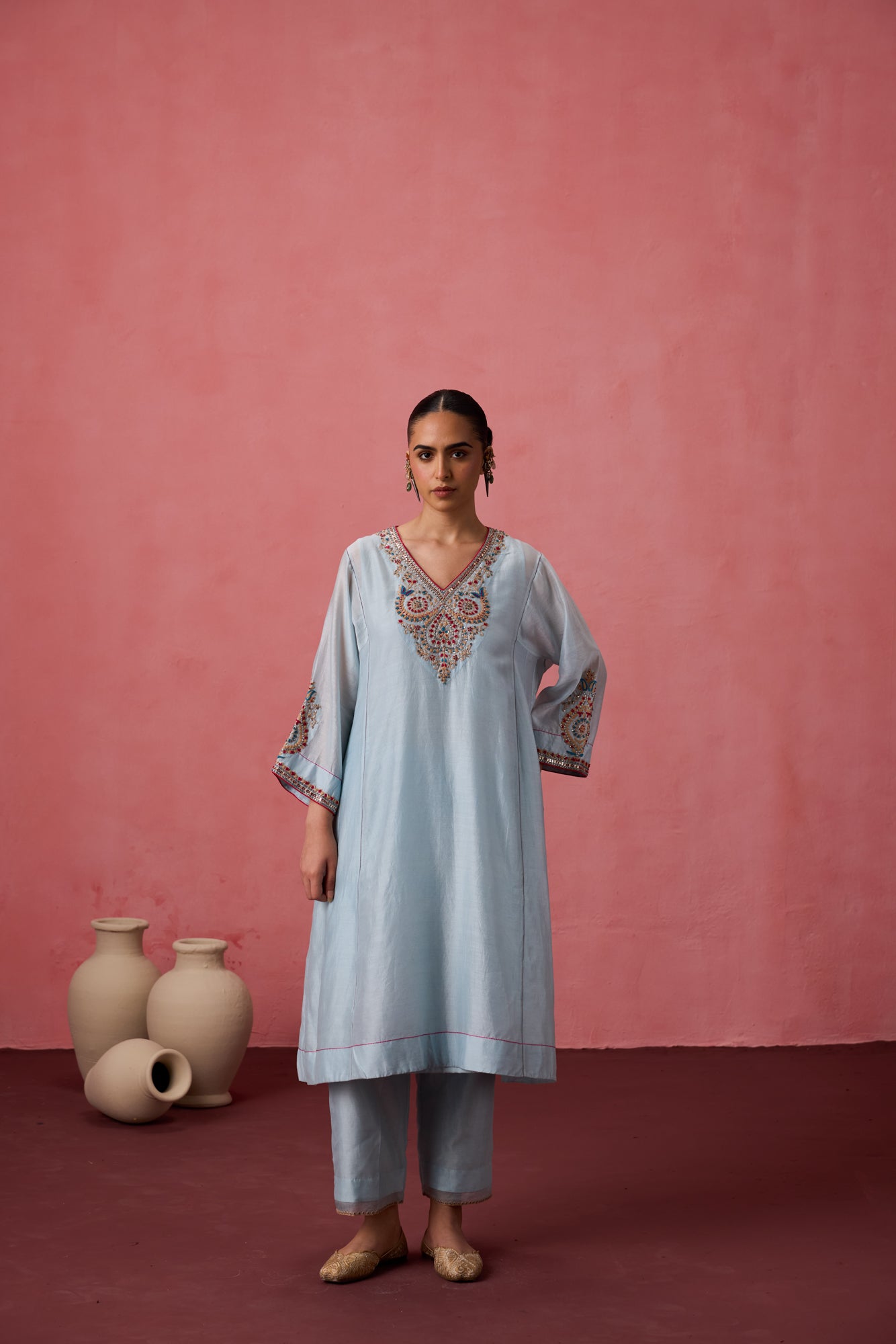 Sky blue chanderi dori work and french knot embroidered kurta paired with organic cotton slip, pant & organza dupatta