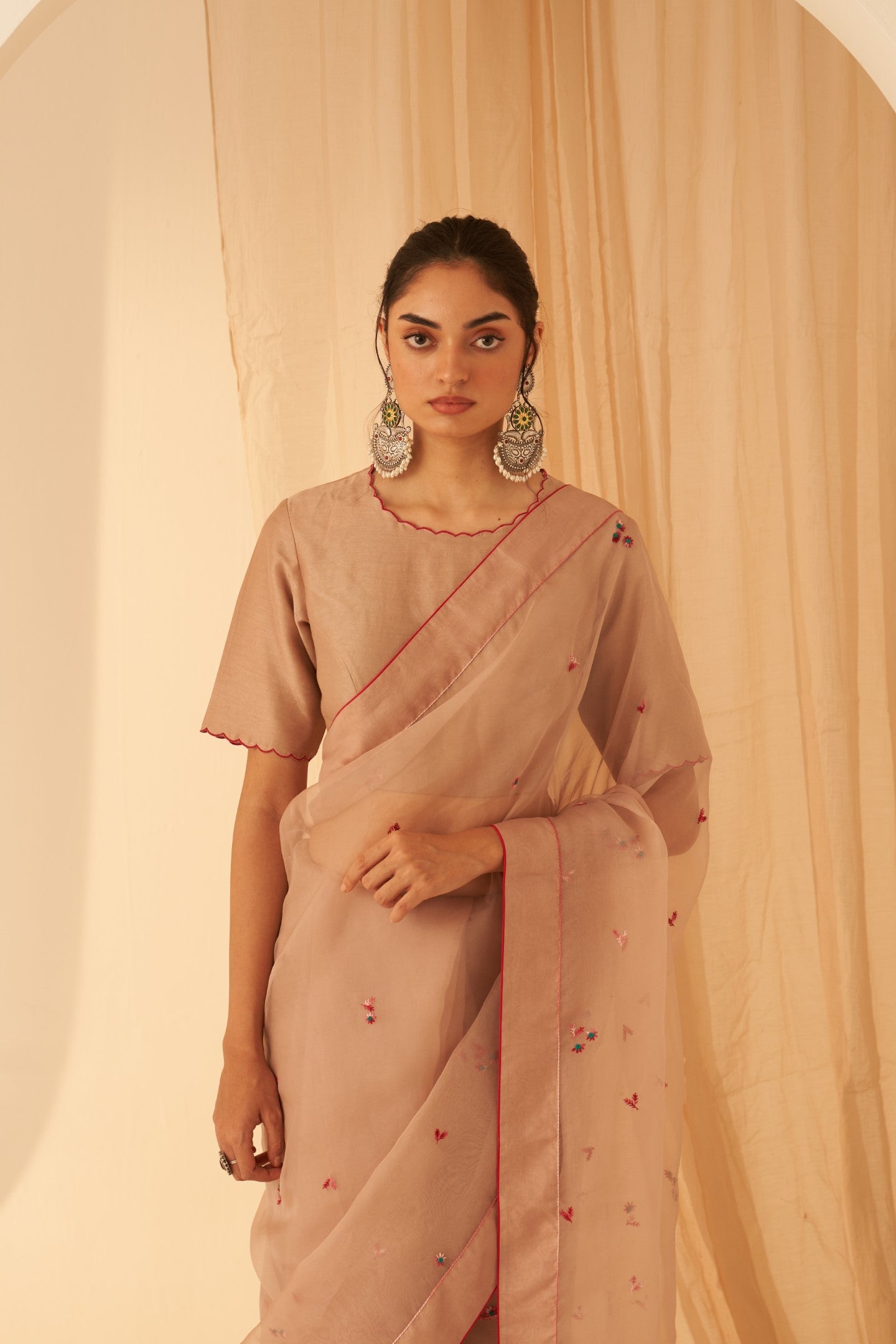 Light rose gold organza aari handwork embroidered saree