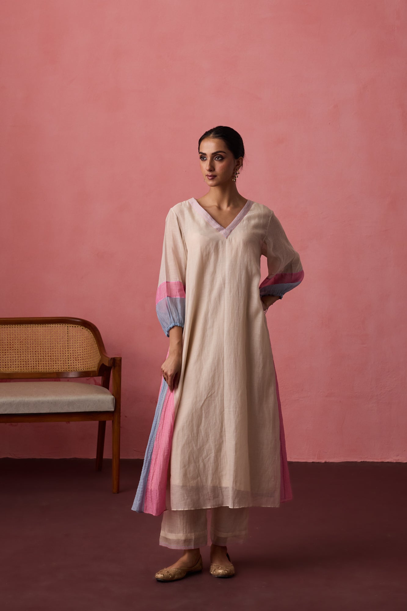 Ivory chanderi tunic paired with organic cotton slip & pant